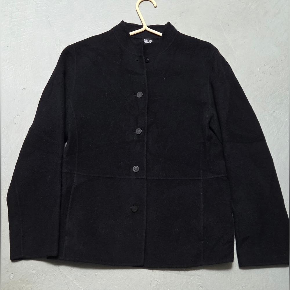 Eileen Fisher Sz S Black Wool & Cashmere Blend Button Soft Shell Jacket